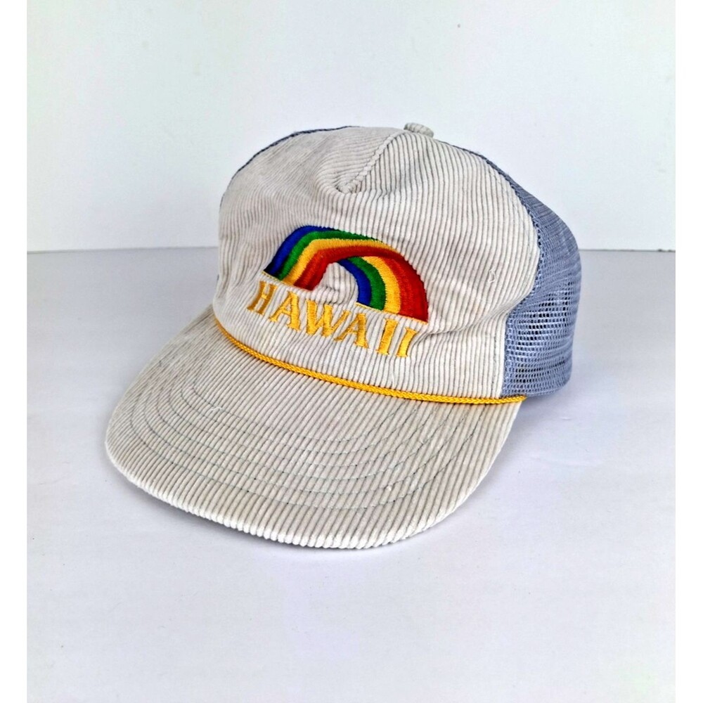 Vintage 80s Hawaii Rainbow Grey BeigeCorduroy Gold Rope Snapback Trucker Hat